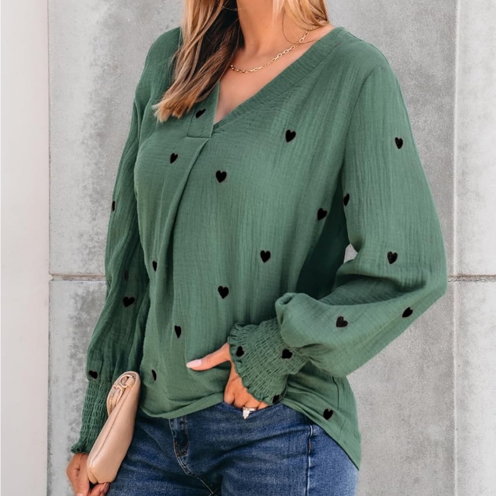 Cupshe Green Cuffed Sleeve Blouse Relaxed Fit